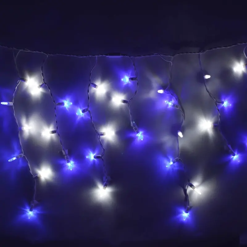100-Bulb M5 Pure White & Blue LED Icicle Lights on White Wire
