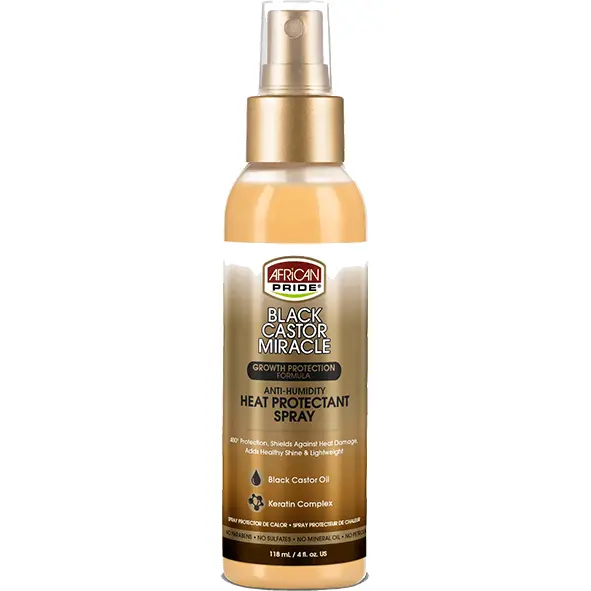 African Pride Black Castor Miracle Heat Protectant Spray – 4 oz Anti-Humidity Styling Shield