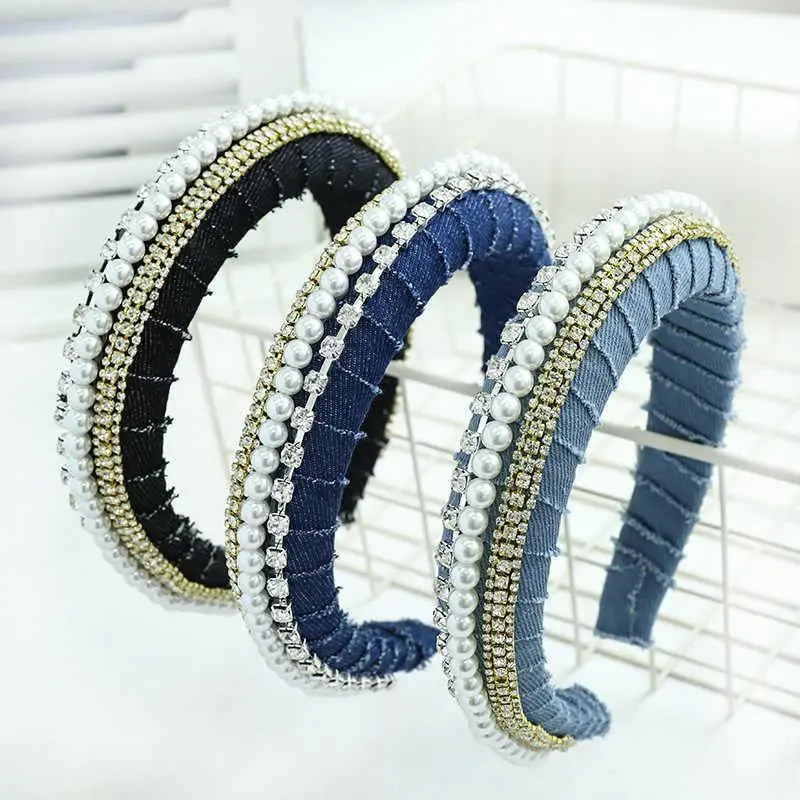 Denim Fabric Headband with Rhinestone Accents