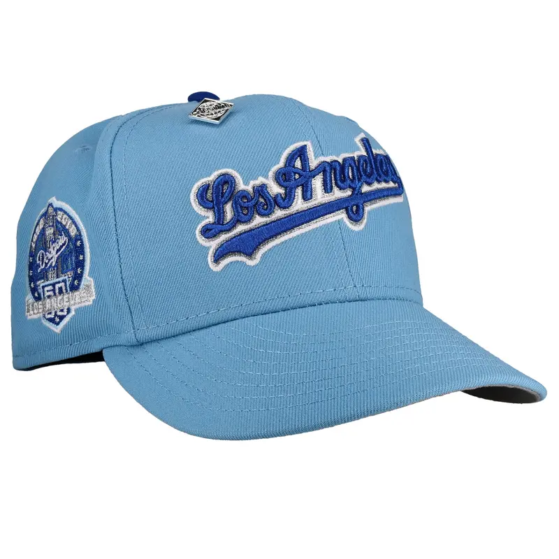 Los Angeles Dodgers 60th Anniversary Script Sky Blue Metallic 59Fifty Fitted Cap
