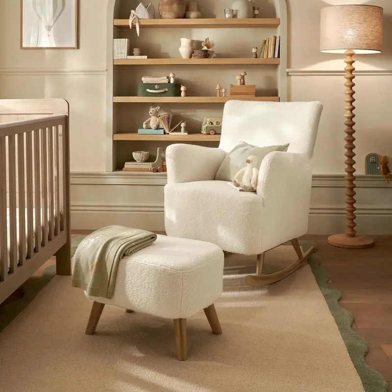 Mamas & Papas Elwood Nursing Chair + Stool – Off-White Bouclé Set