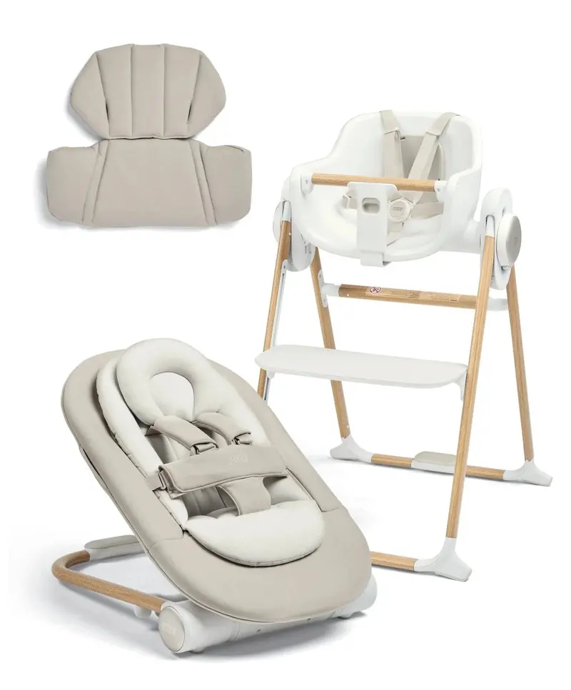 Mamas & Papas Eno Highchair, Bouncer, and Cushion Trio – Cashmere Finish