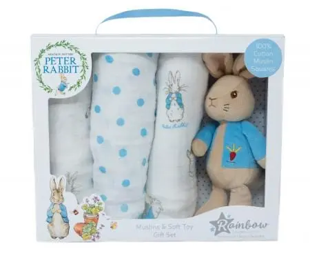 Peter Rabbit Soft Toy + Organic Muslin Swaddle Gift Set