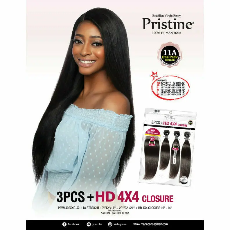 Pristine 11A Unprocessed Human Hair Bundle Pack – Straight Texture + Closure